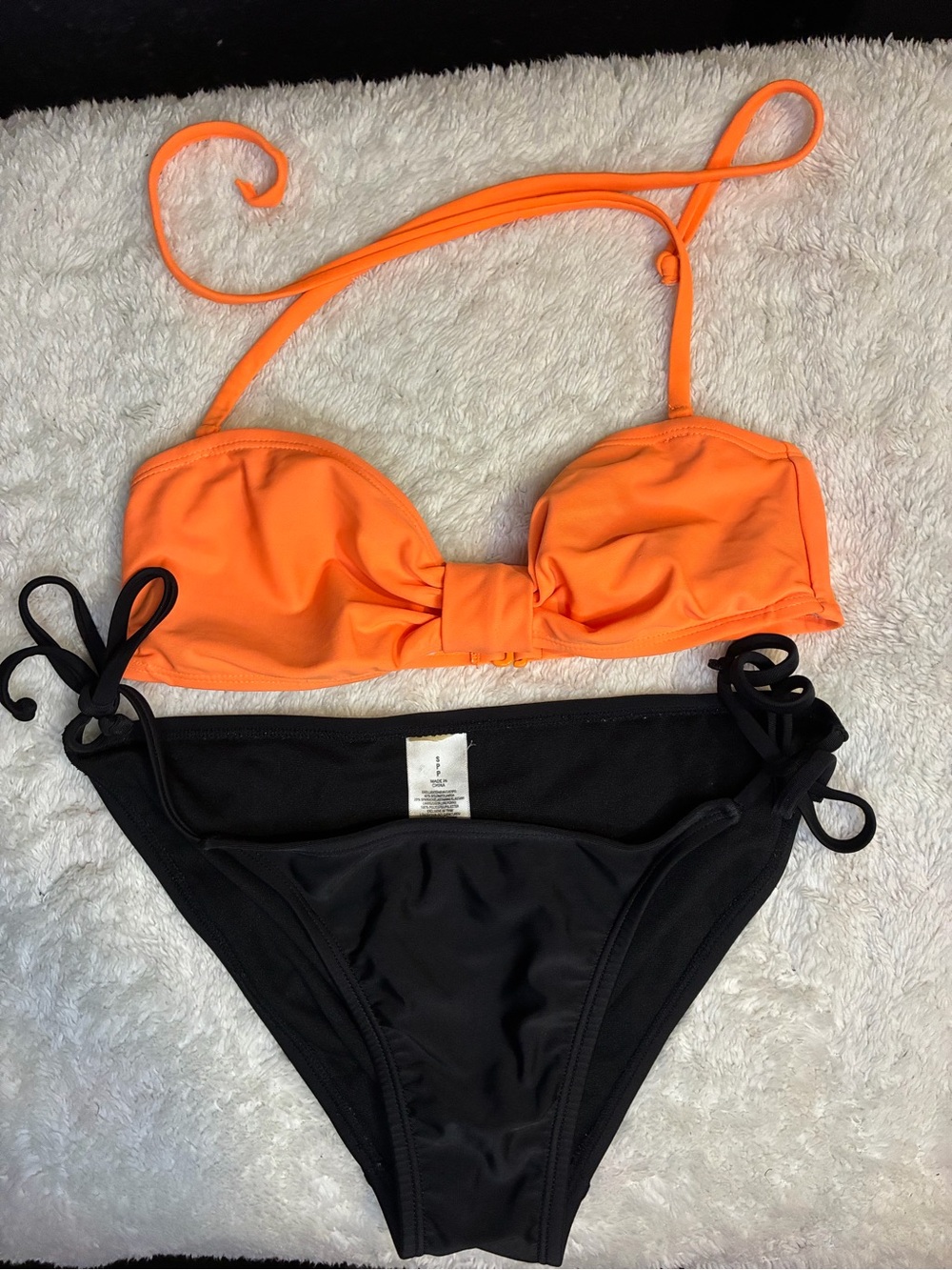 Orange Bandeau Bikini Top with Black Tie-Side Bottoms